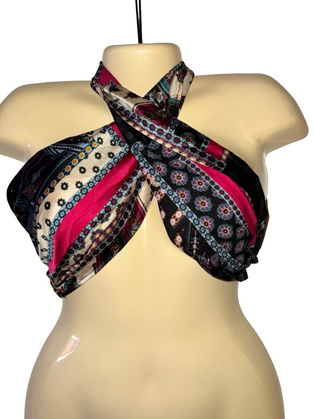 SHEIN Bohemian Crisscross Halter Floral-Stripe Crop Top
